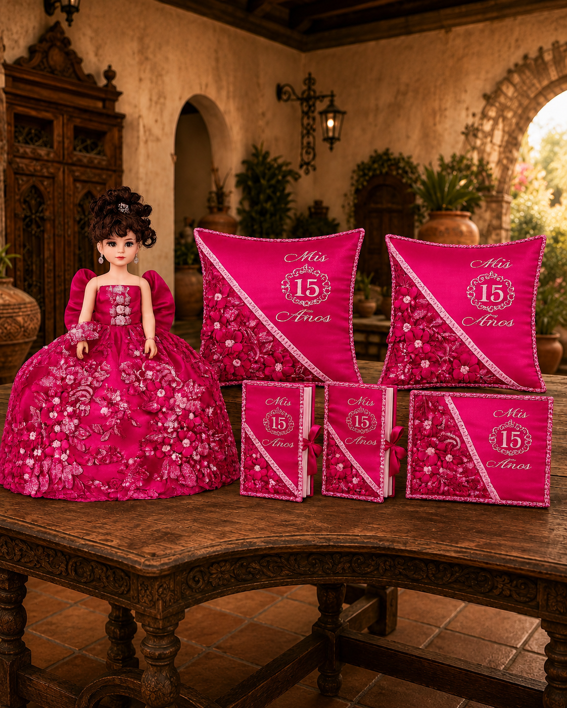 Set de Accesorios para XV Años Fucsia con Muñeca