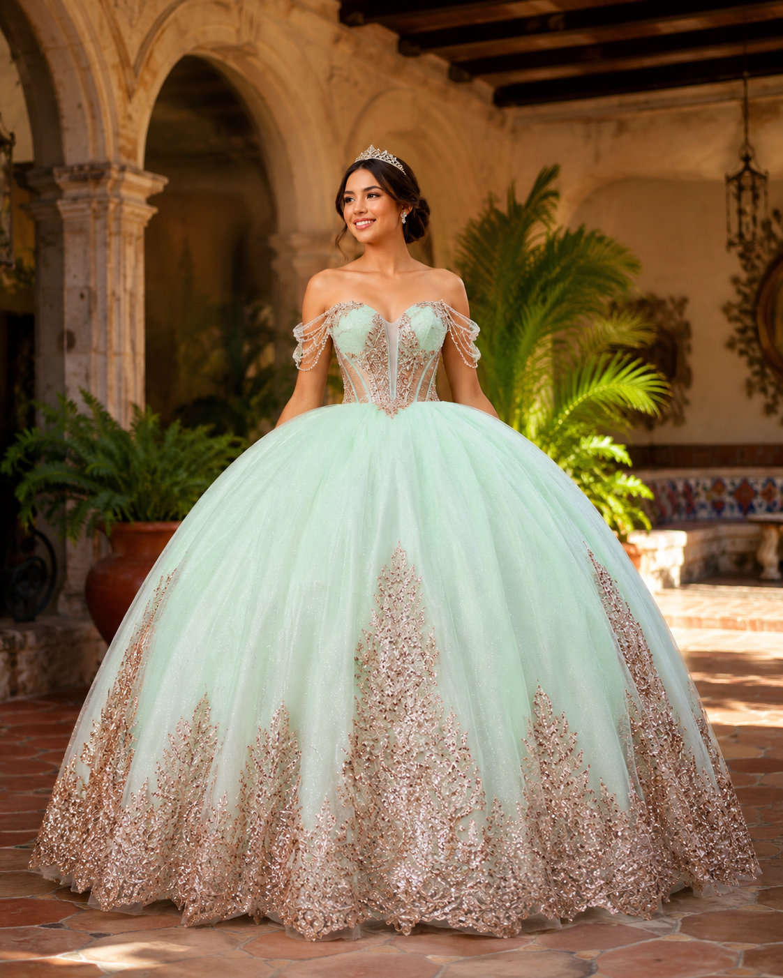 Vestido de Quinceañera Verde Menta con Bordado Champagne y Detalles Colgantes ID600492-XV077