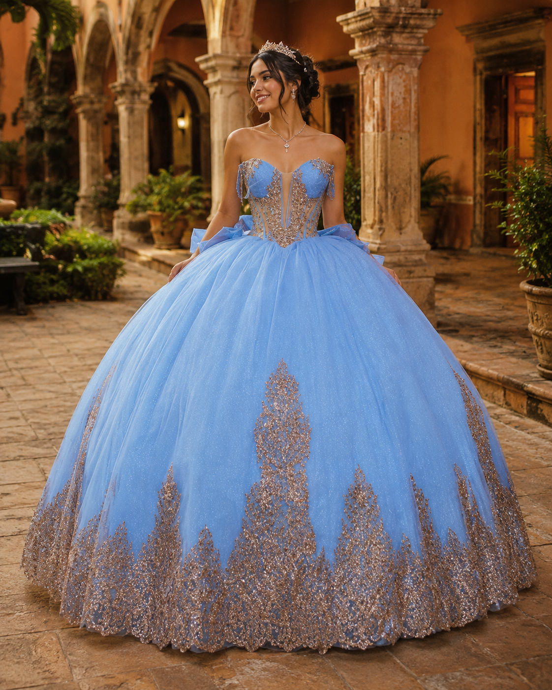 Vestido de Quinceañera Azul Cielo con Bordado Champagne y Brillo ID600492-XV079