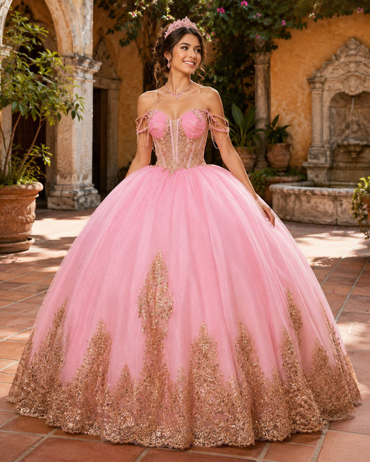 Vestido de Quinceañera Rosa con Bordado Rose Gold y Detalles Colgantes ID600492-XV080