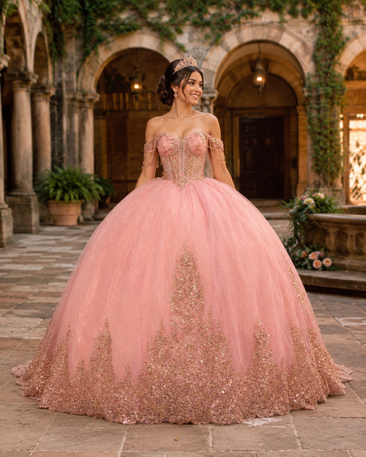 Vestido de Quinceañera Rosa con Bordado Rose Gold y Detalles Colgantes ID600492-XV081