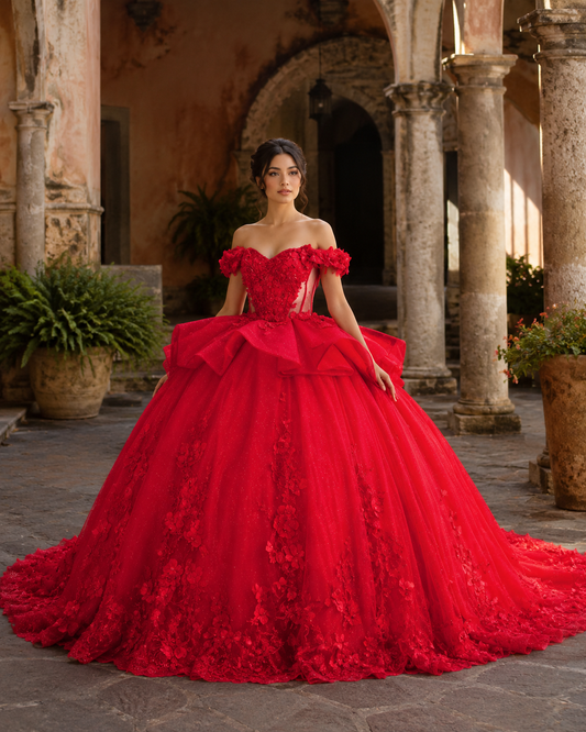 Vestido de Quinceañera Rojo con Aplicaciones Florales ID:600492-XV027