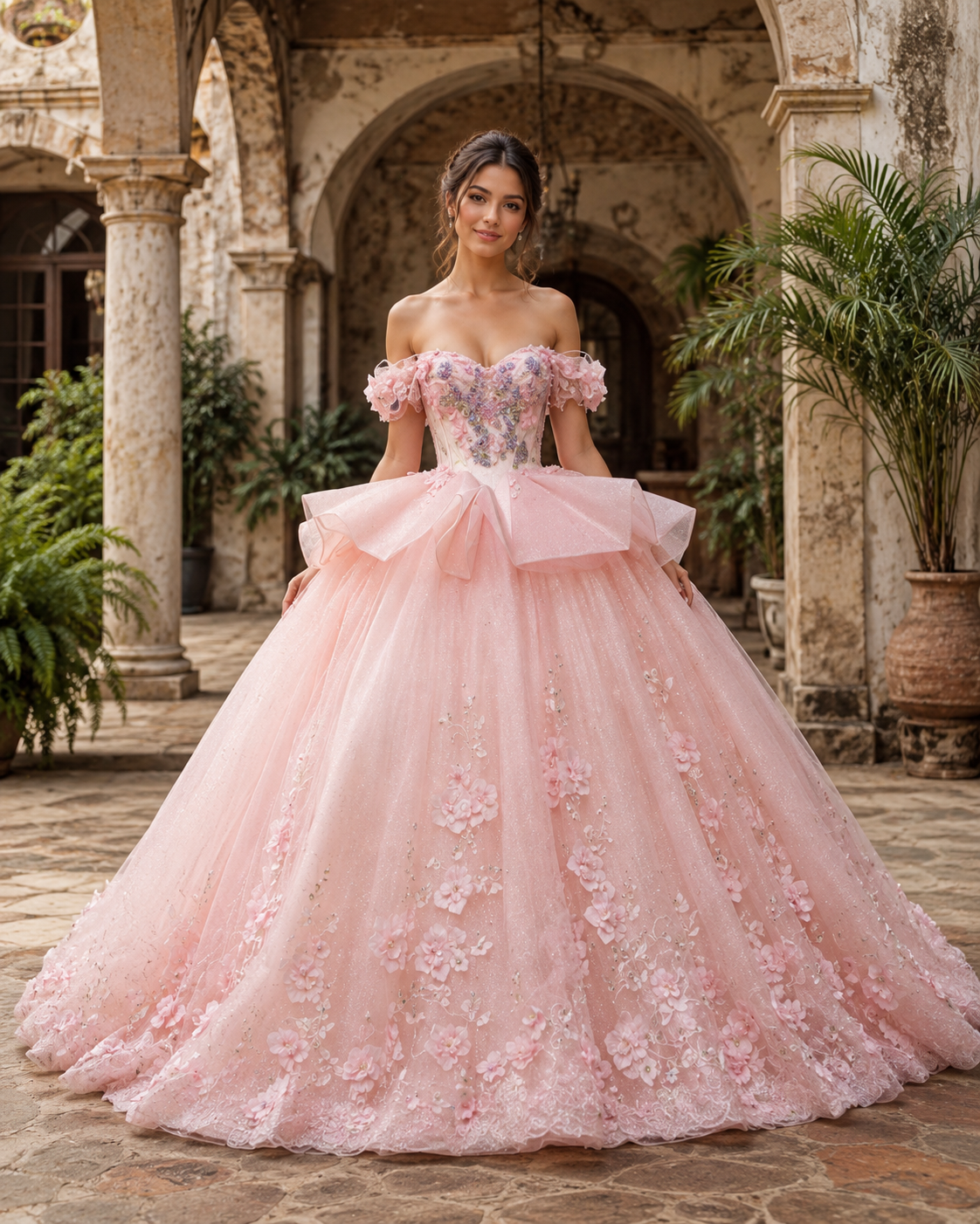 Vestido de Quinceañera Rosa Blush con Aplicaciones Florales ID: 600492-XV028
