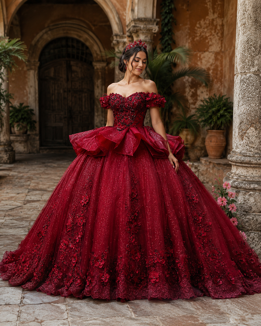 Vestido de Quinceañera Vino con Aplicaciones Florales ID:600492-XV029