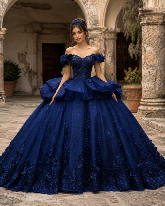 Vestido de Quinceañera Azul Marino con Aplicaciones Florales ID:600492-XV030