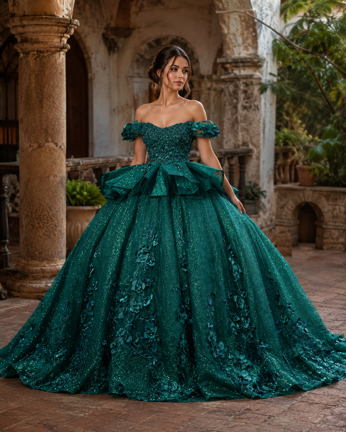 Vestido de Quinceañera Verde Esmeralda con Aplicaciones Florales ID: 600492-XVO31