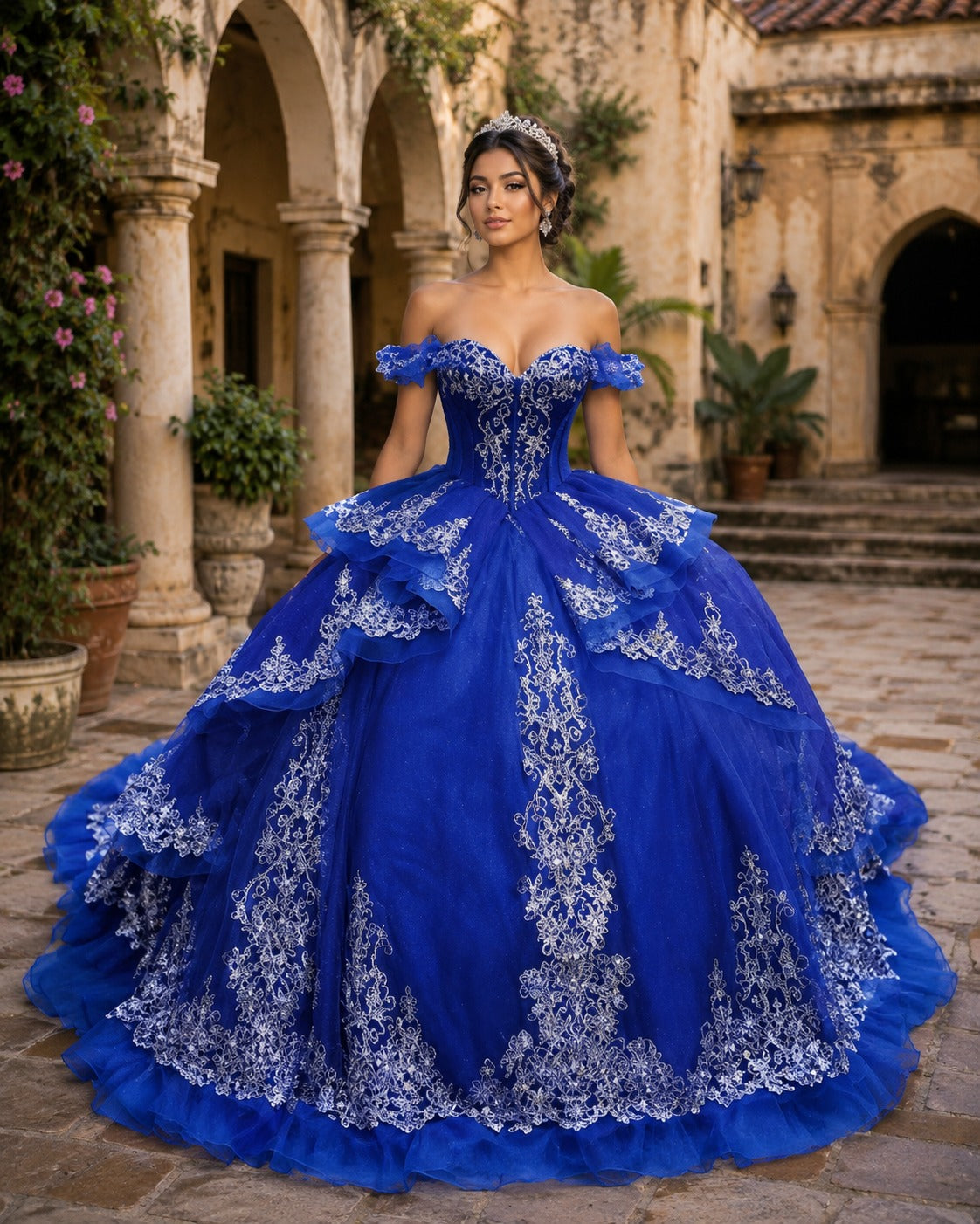 Vestido de Quinceañera Azul Rey con Bordado Plateado y Falda de Capas 600492-XV067