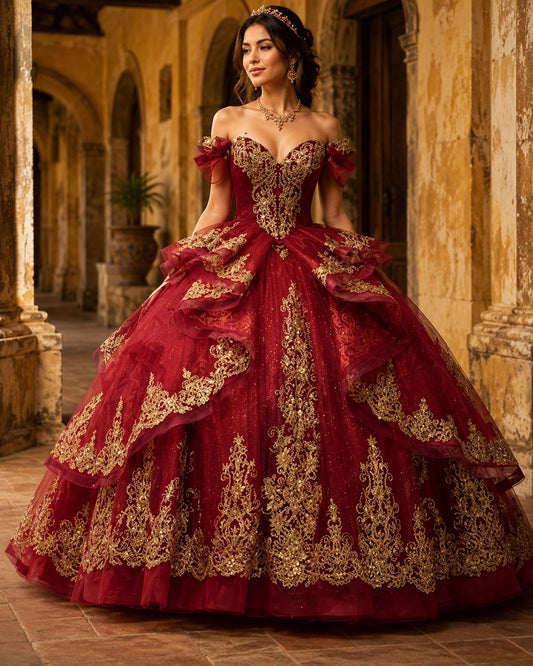 Vestido de Quinceañera Vino con Bordado Dorado y Falda de Capas ID600492-XV068