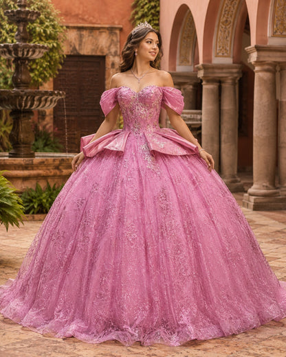 Vestido de Quinceañera Rosa con Brillo y Hombros Descubiertos ID600492-XV069