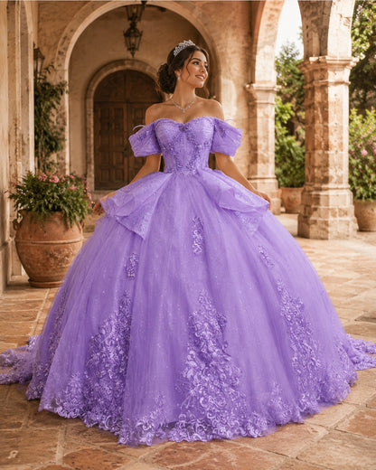 Vestido de Quinceañera Lila con Brillo y Falda de Capas ID600492-XV070