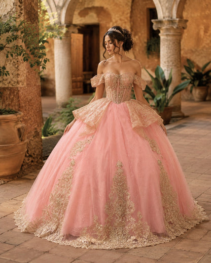 Vestido de Quinceañera Rosa Peach con Bordado Dorado y Hombros Descubiertos ID600492-XV071