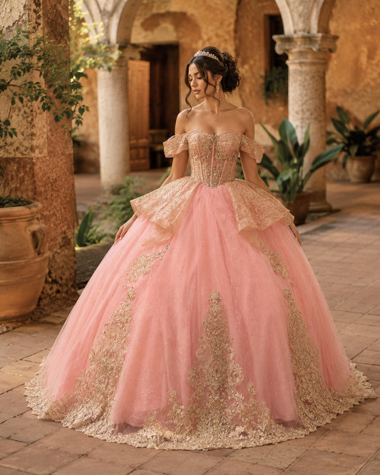 Vestido de Quinceañera Rosa Peach con Bordado Dorado y Hombros Descubiertos ID600492-XV071