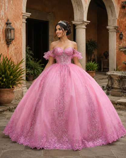 Vestido de Quinceañera Rosa con Brillo y Bordado Floral ID600492-XV072