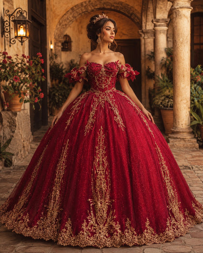 Vestido de Quinceañera Vino con Bordado Dorado y Brillo ID600492-XV073