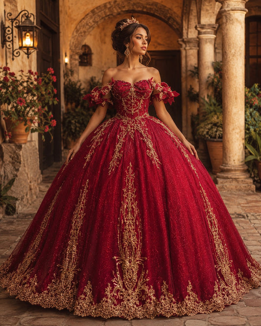 Vestido de Quinceañera Vino con Bordado Dorado y Brillo ID600492-XV073
