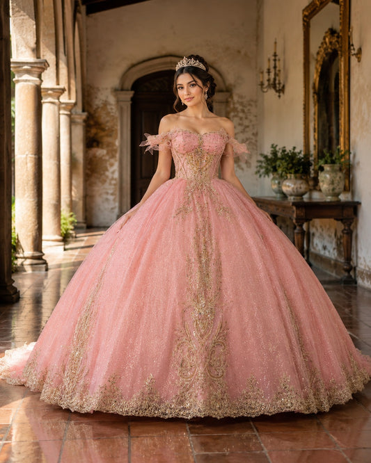 Vestido de Quinceañera Rosa Peach con Bordado Dorado y Brillo ID600492-XV074