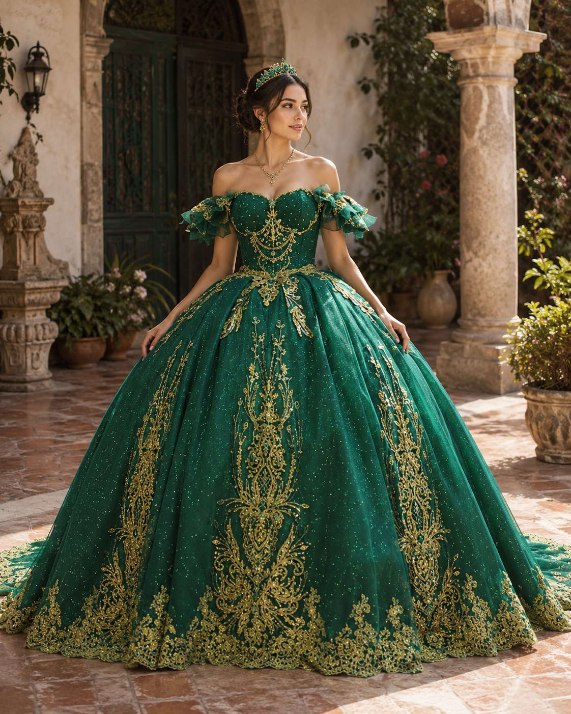 Vestido de Quinceañera Verde Esmeralda con Bordado Dorado y Brillo ID600492-XV075