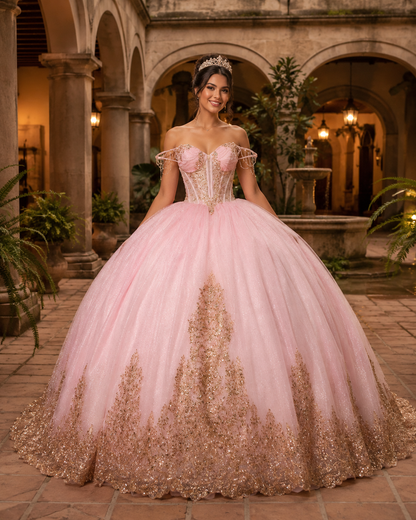 Vestido de Quinceañera Rosa con Bordado Dorado y Detalles Colgantes ID600492-XV076
