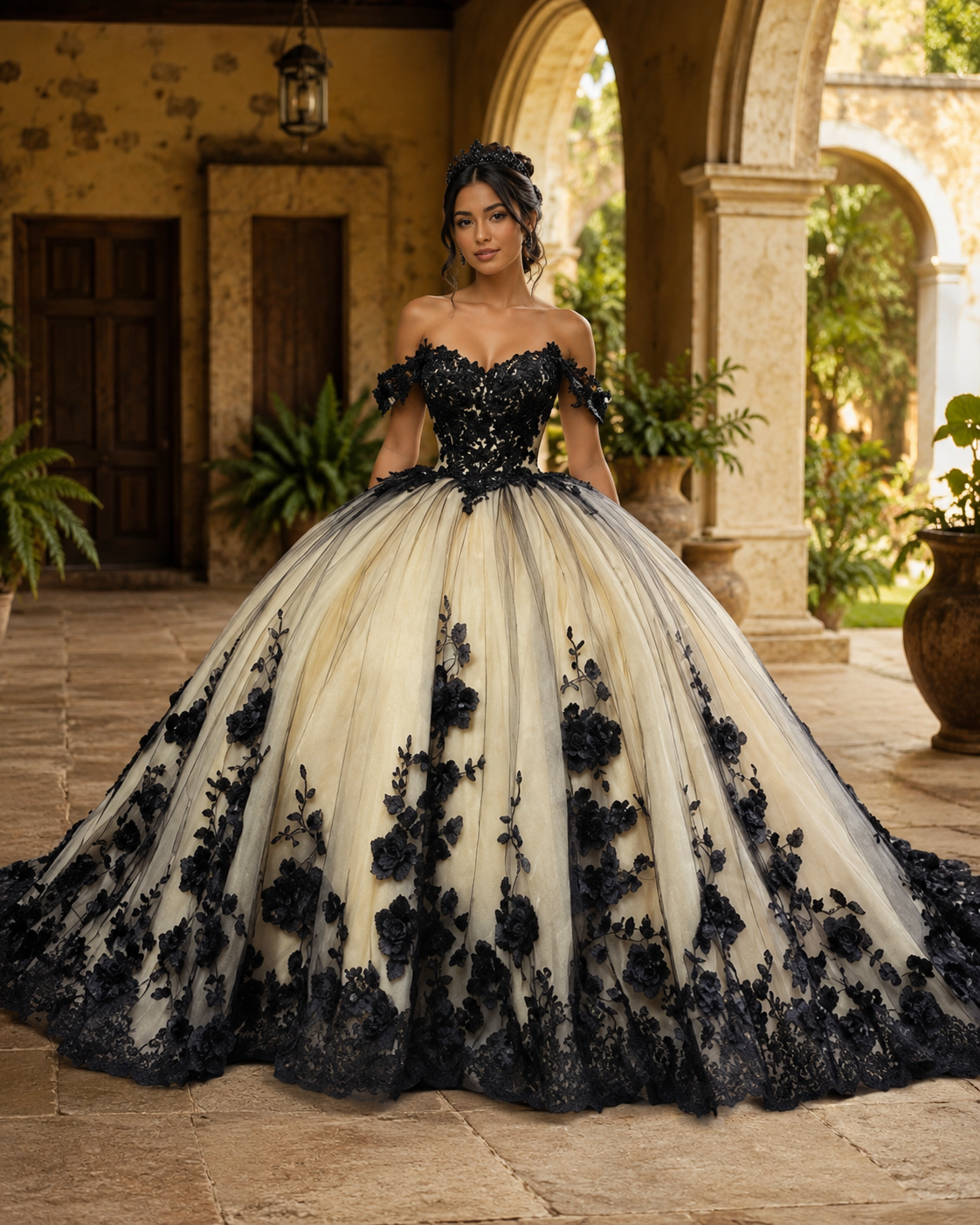 Vestido de Quinceañera Ivory con Encaje Negro y Aplicaciones Florales ID600492-XV089
