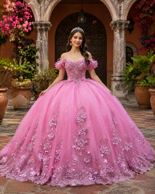 Vestido de Quinceañera Rosa con Aplicaciones Florales y Brillo ID600492-XV089