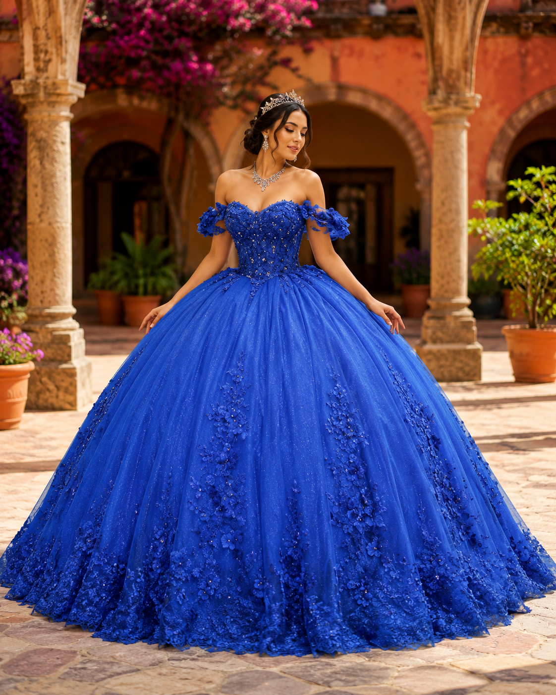 Vestido de Quinceañera Azul Rey con Aplicaciones Florales y Brillo ID600492-XV089