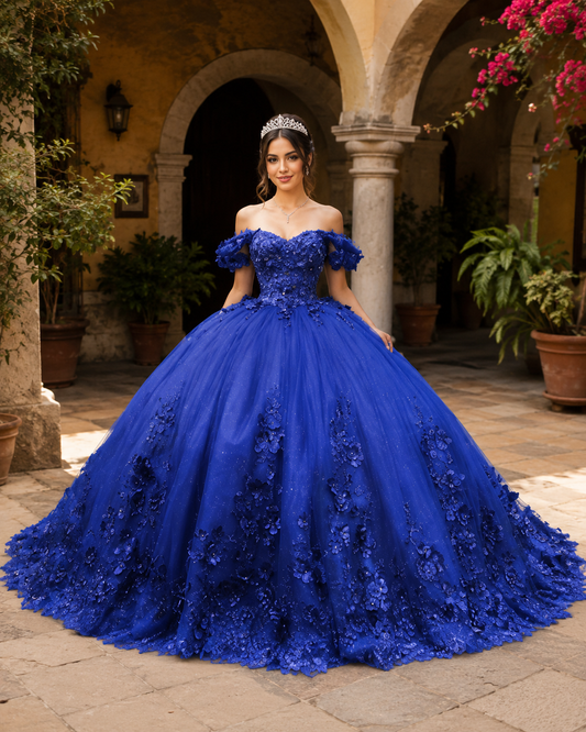 Vestido de Quinceañera Azul Rey con Aplicaciones Florales y Brillo ID600492-XV089