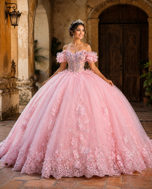 Vestido de Quinceañera Rosa Palo con Aplicaciones Florales y Falda de Gran Volumen ID600492-XV090