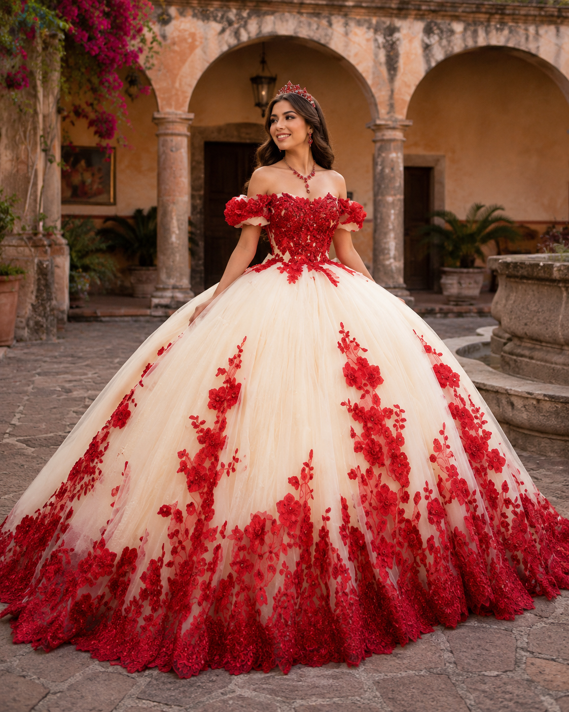 Vestido de Quinceañera Ivory con Bordado Floral Rojo y Falda de Gran Volumen ID600492-XV090