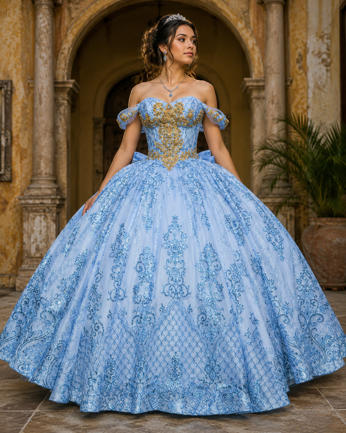 Vestido de Quinceañera Azul Cielo con Bordado Azul y Dorado ID600492-XV082