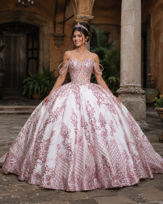 Vestido de Quinceañera Blanco con Bordado Rosa y Hombros Descubiertos ID600492-XV083