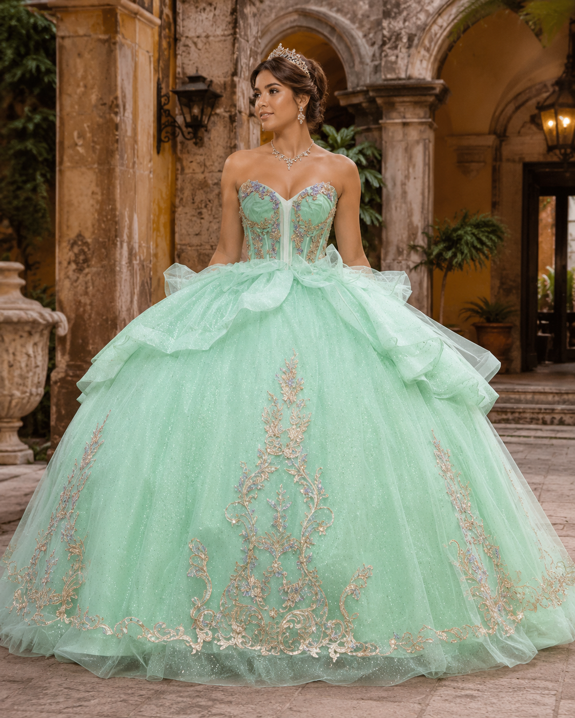 Vestido de Quinceañera Verde Menta con Bordado Champagne y Falda de Capas ID600492-XV084