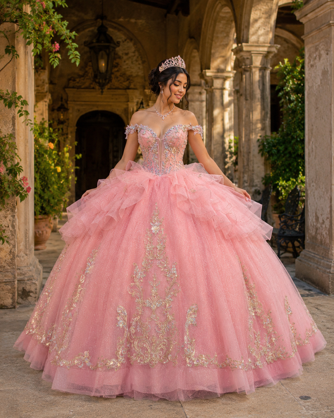 Vestido de Quinceañera Rosa con Bordado Champagne y Falda con Capas ID600492-XV085