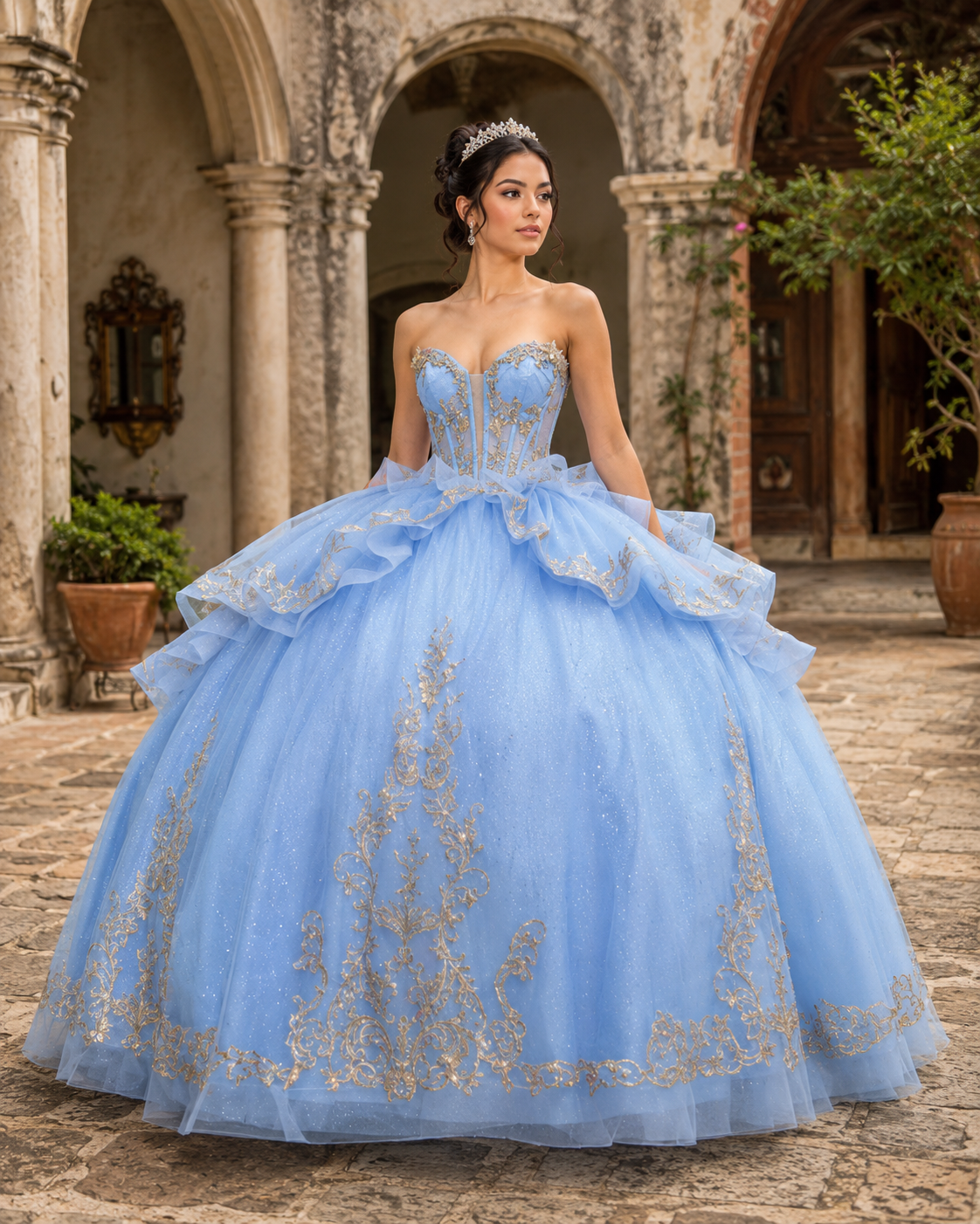 Vestido de Quinceañera Azul Cielo con Bordado Champagne y Falda de Capas ID600492-XV087