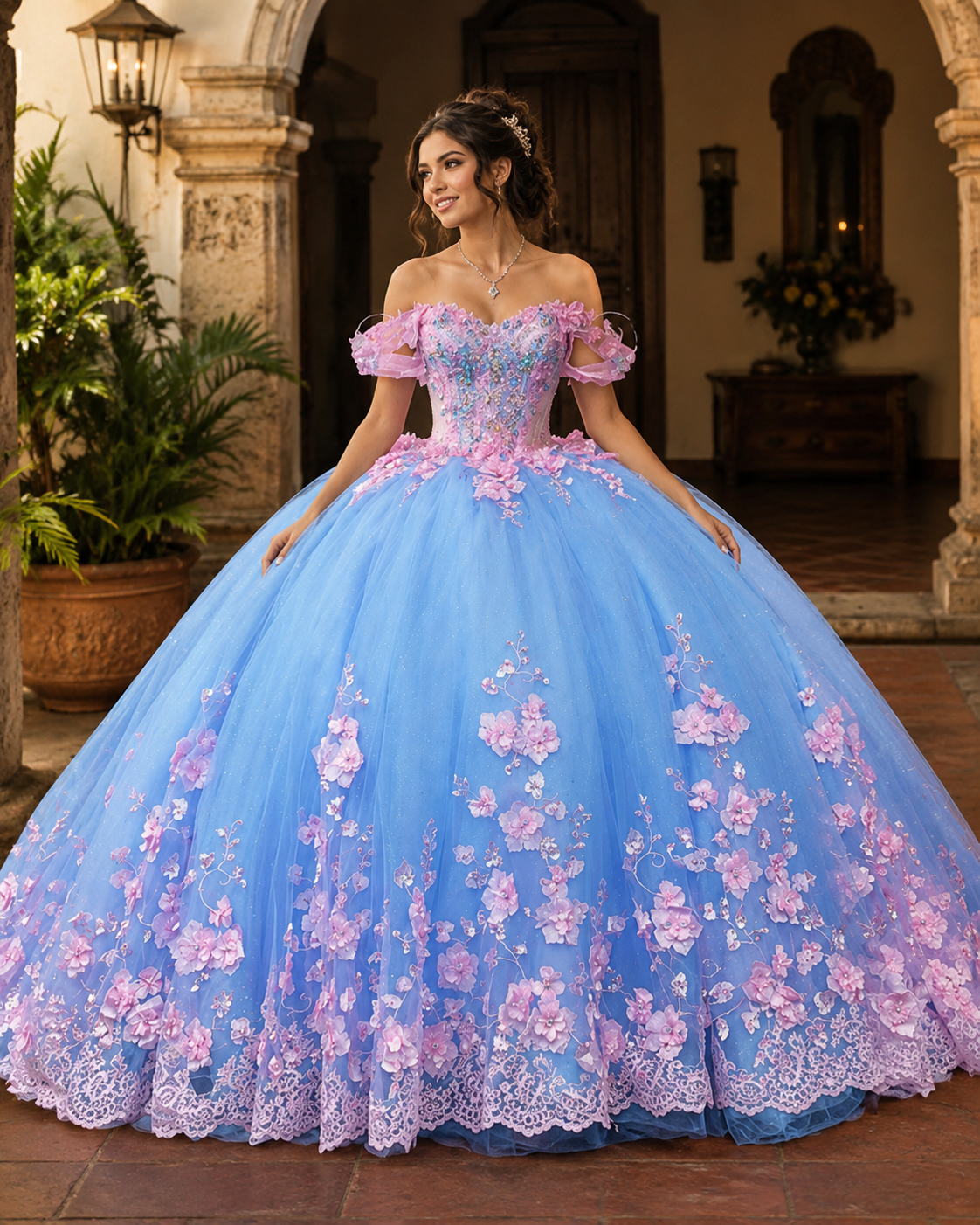 Vestido de Quinceañera Azul Cielo con Flores Rosas y Encaje ID600492-XV088