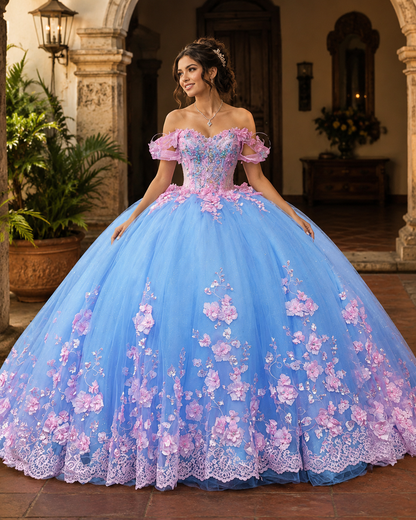 Vestido de Quinceañera Azul Cielo con Flores Rosas y Encaje ID600492-XV088