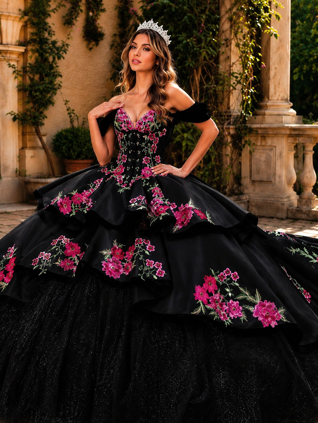Vestido de Quinceañera "Jardín de Medianoche" – Negro con Bordados Florales Fucsia ID604134