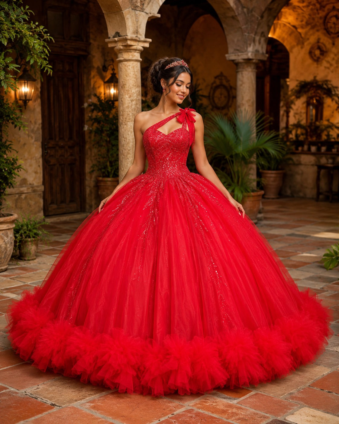 Vestido de Quinceañera Rojo con Brillo, Diseño de Un Hombro y Falda Voluminosa ID600492-XV050