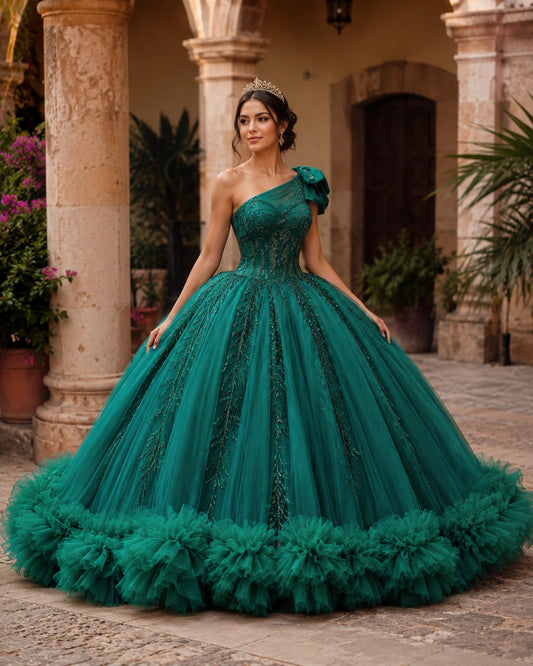 Vestido de Quinceañera Verde Esmeralda con Brillo y Detalle Floral Voluminoso en Falda ID600492-XV049