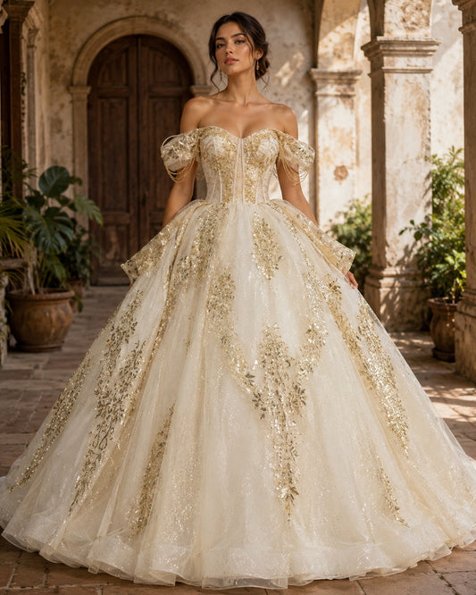 Vestido de Quinceañera Marfil con Bordado Dorado ID 600492-XV005