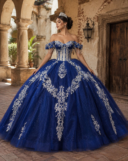 Vestido de Quinceañera Azul Rey con Bordado Plateado ID600492-XV008