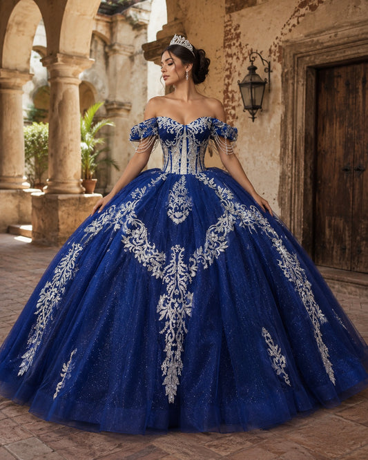 Vestido de Quinceañera Azul Rey con Bordado Plateado ID600492-XV008