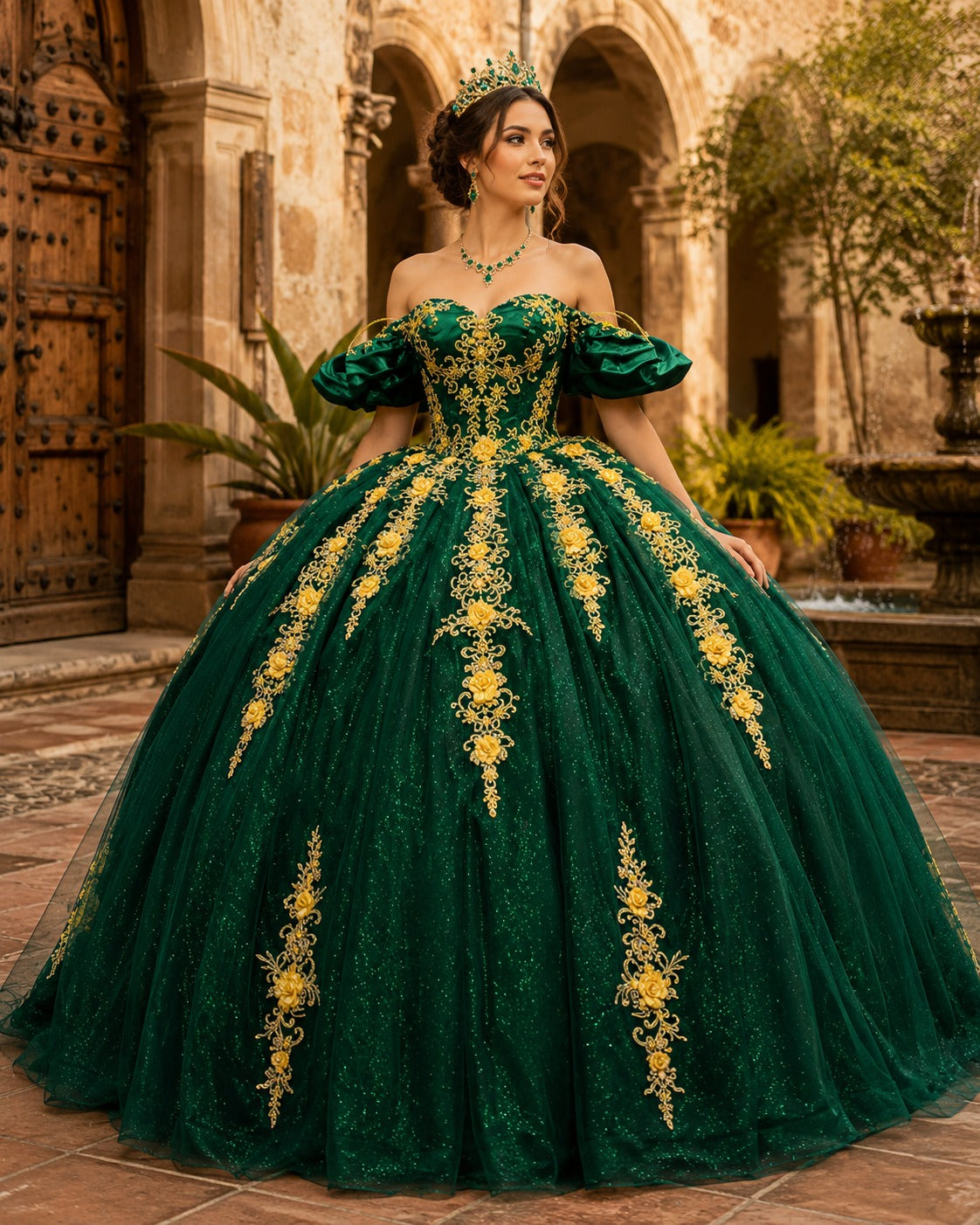 Vestido de Quinceañera Verde Esmeralda con Bordado Dorado Floral ID 600492-XV010