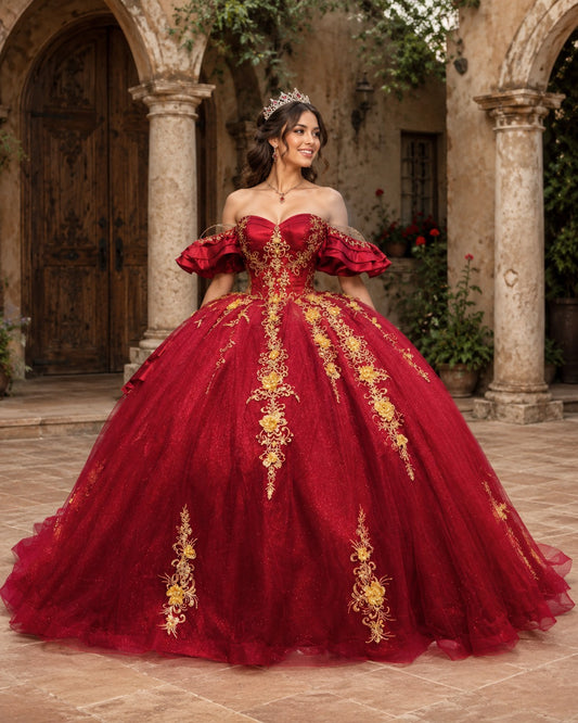 Vestido de Quinceañera Rojo Rubí con Bordado Dorado Floral ID 600492-XV011