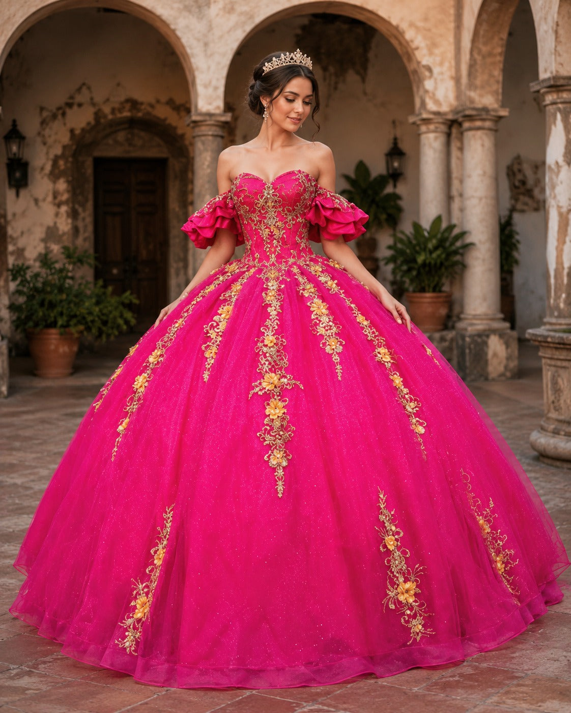 Vestido de Quinceañera Fucsia con Bordado Dorado Floral ID 600492-XV013