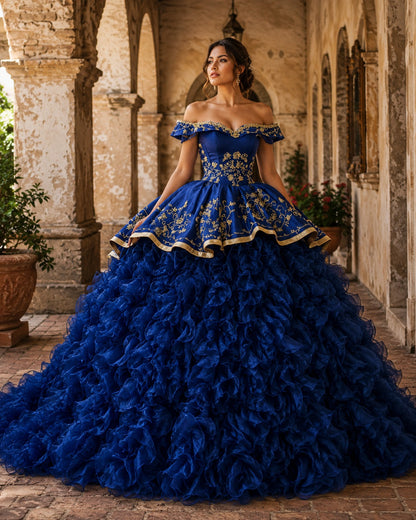 Vestido de Quinceañera Azul Rey con Falda de Olanes y Bordado Dorado ID 600492-XV019