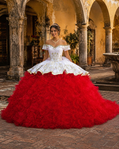 Vestido de Quinceañera Blanco y Rojo con Bordado Dorado y Falda de Olanes ID600492-XV020