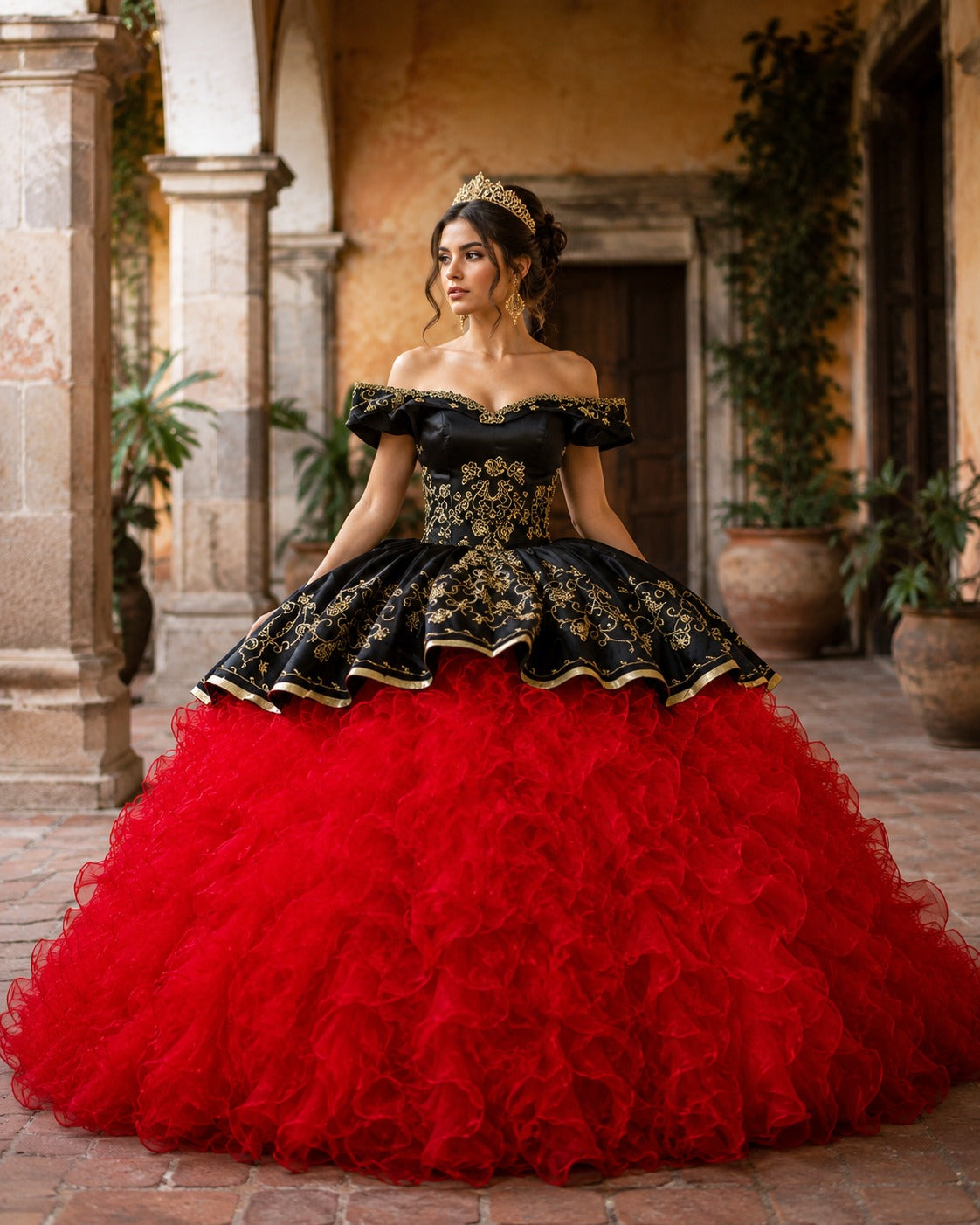 Vestido de Quinceañera Negro y Rojo con Bordado Dorado y Falda de Olanes ID600492-XV021