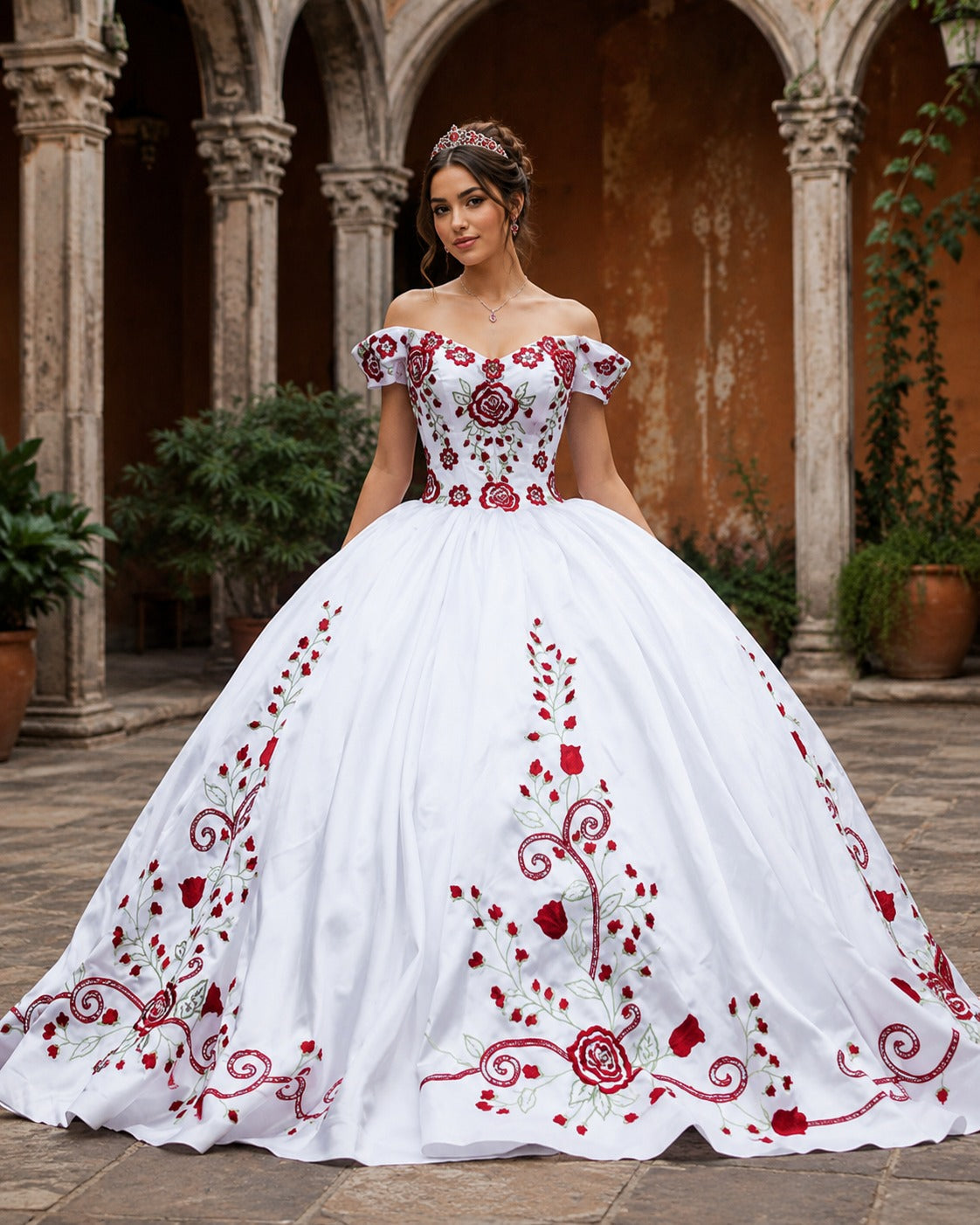 Vestido de Quinceañera Blanco con Bordado Floral Rojo ID600492-XV022