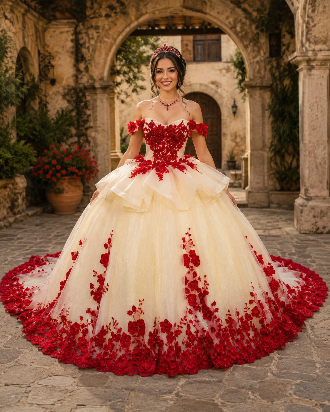 Vestido de Quinceañera Marfil con Aplicaciones Florales Rojas ID600492-XV024