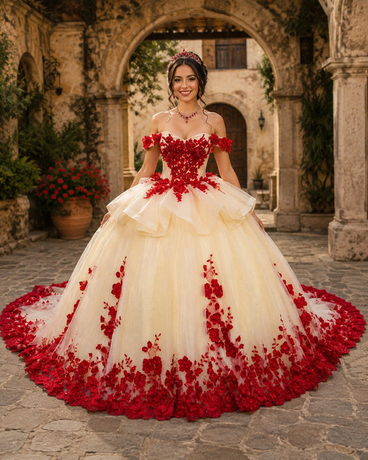 Vestido de Quinceañera Marfil con Aplicaciones Florales Rojas ID600492-XV024